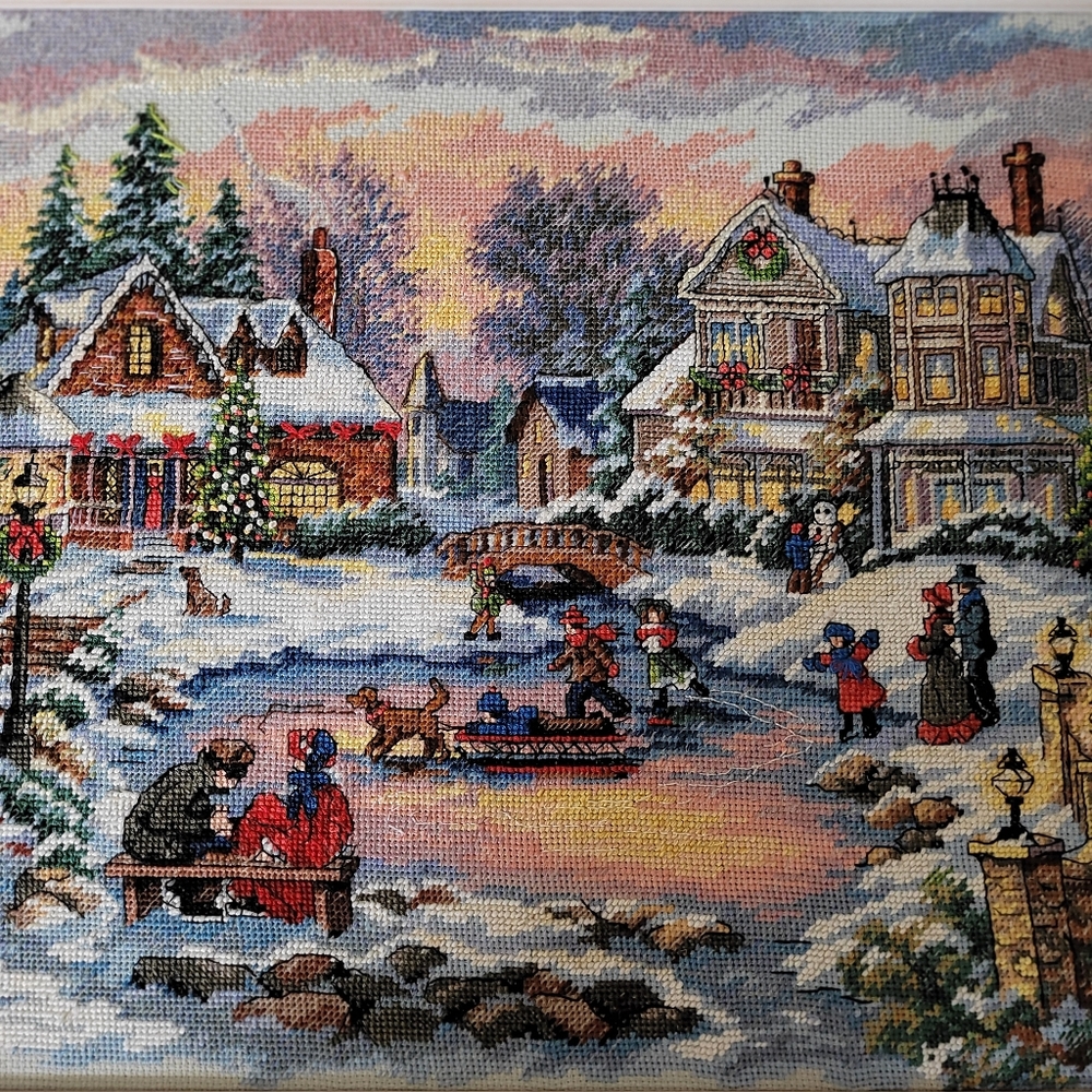 Vintage Needlepoint Crewel Framed Christmas Sceen 16" x 12" Wall Art Framed - Picture 4 of 9